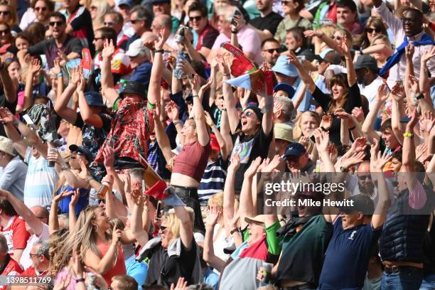 Fans enjoy themselves during the Gallagher Premiership Rugby match between Harlequins and Gloucester Rugby at Twickenham Stoop on May 21, 2022 in...