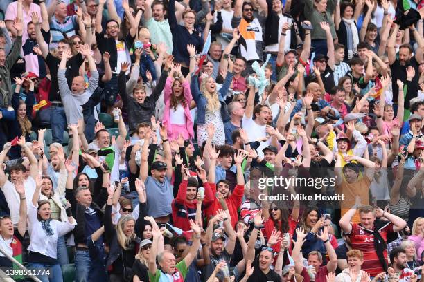 Fans enjoy themselves during the Gallagher Premiership Rugby match between Harlequins and Gloucester Rugby at Twickenham Stoop on May 21, 2022 in...