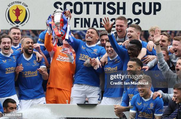 James Tavernier of Rangers lifts the trophy during the Scottish Cup Final match between Rangers and Heart of Midlothian at Hampden Park on May 21,...