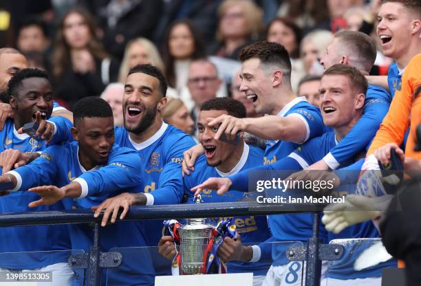 James Tavernier of Rangers gets ready to lift the trophy during the Scottish Cup Final match between Rangers and Heart of Midlothian at Hampden Park...