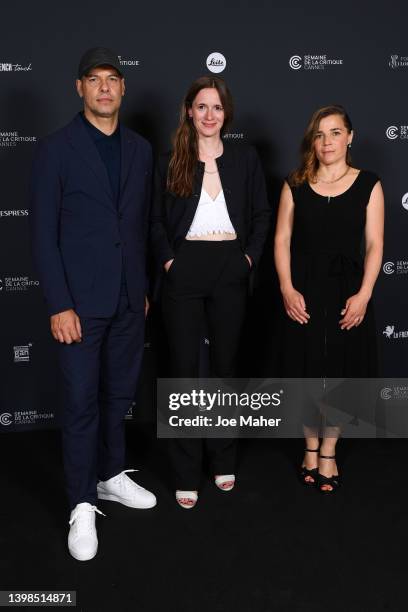 Laurent Lafitte, Céline Devaux and Blanche Gardin attend the photocall for "Tout Le Monde Aime Jeanne" during the 75th annual Cannes film festival at...