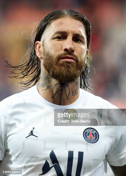 Sergio Ramos of PSG during the Ligue 1 Uber Eats match between Montpellier HSC and Paris Saint Germain at Stade de la Mosson on May 14, 2022 in...