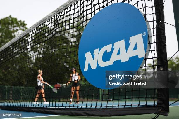 General view as the Barry Buccaneers play the Central Oklahoma Bronchos in doubles during the Division II Women's Tennis Championship held at...