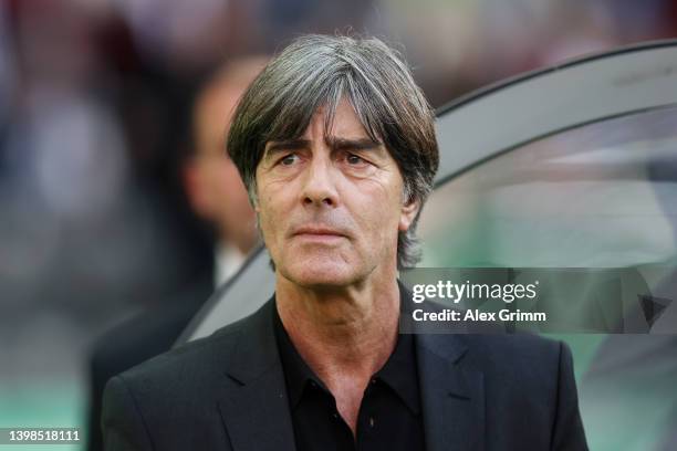 Joachim Loew, former Germany National Team head coach looks on prior to the final match of the DFB Cup 2022 between SC Freiburg and RB Leipzig at...