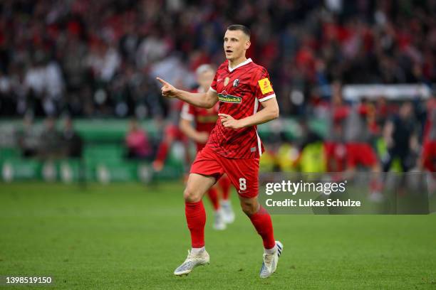 Maximilian Eggestein of SC Freiburg celebrates after scoring their team's first goal during the final match of the DFB Cup 2022 between SC Freiburg...
