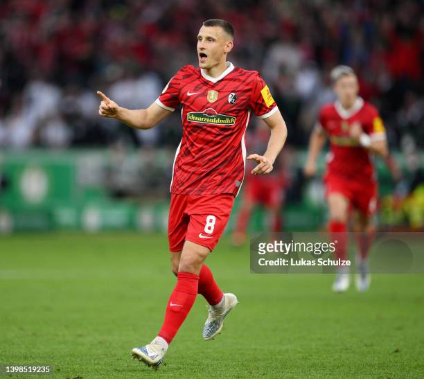 Maximilian Eggestein of SC Freiburg celebrates after scoring their team's first goal during the final match of the DFB Cup 2022 between SC Freiburg...