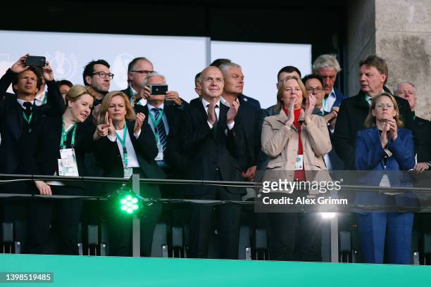 President, Aleksander Ceferin applauds prior to the final match of the DFB Cup 2022 between SC Freiburg and RB Leipzig at Olympiastadion on May 21,...