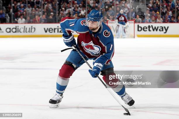 Andrew Cogliano of the Colorado Avalanche skates against the St. Louis Blues in Game Two of the Second Round of the 2022 Stanley Cup Playoffs at Ball...