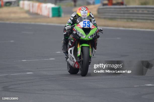 Yari Montella of Italy and Kawasaki Puccetti Racing heads down a straight during the Supersport Race 1 during the FIM Superbike World Championship...