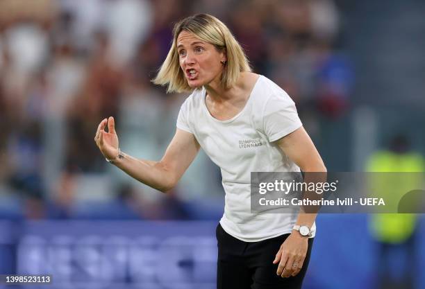 Sonia Bompastor, Head Coach of Olympique Lyonnais gives their team instructions during the UEFA Women's Champions League final match between FC...