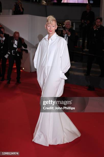 Tilda Swinton attends the screening of "R.M.N" during the 75th annual Cannes film festival at Palais des Festivals on May 21, 2022 in Cannes, France.