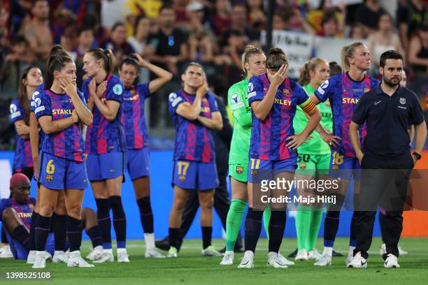Claudia Pina, Leila Ouahabi of FC Barcelona and Jonatan Giraldez Costas, Head Coach of FC Barcelona and teammates look dejected following defeat in...