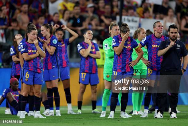 Claudia Pina, Leila Ouahabi of FC Barcelona and Jonatan Giraldez Costas, Head Coach of FC Barcelona and teammates look dejected following defeat in...