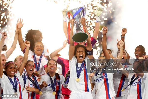 Wendie Renard of Olympique Lyonnais lifts the UEFA Women's Champions League trophy after their sides victory during the UEFA Women's Champions League...