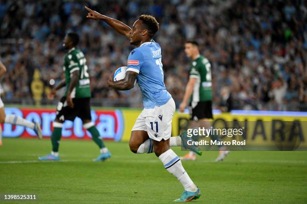 Jovane Cabral of SS Lazio celebrates a first goal during the Serie A match between SS Lazio and Hellas Verona FC at Stadio Olimpico on May 21, 2022...
