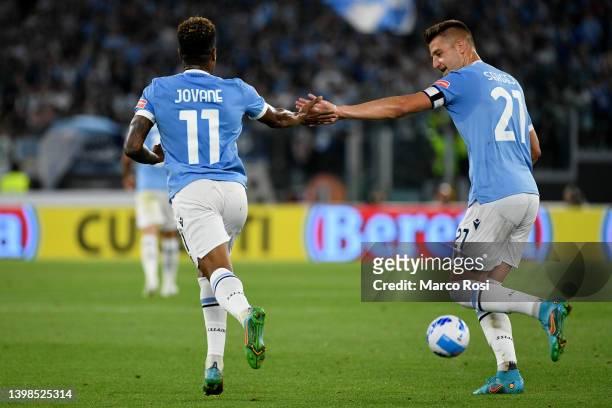 Jovane Cabral of SS Lazio celebrates a first goal during the Serie A match between SS Lazio and Hellas Verona FC at Stadio Olimpico on May 21, 2022...
