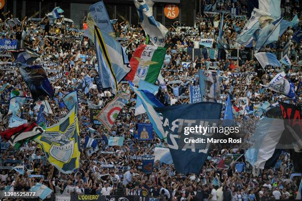 Lazio fans during the Serie A match between SS Lazio and Hellas Verona FC at Stadio Olimpico on May 21, 2022 in Rome, Italy.