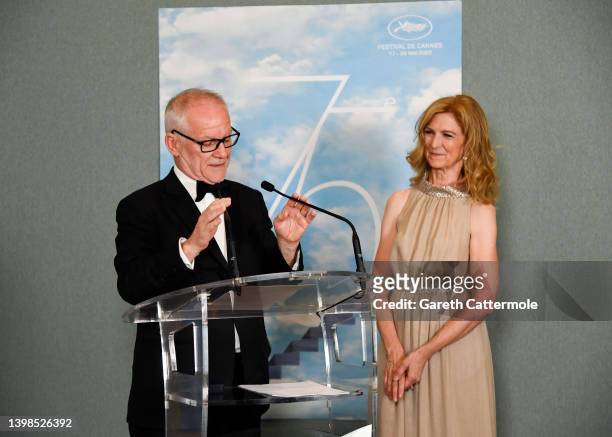 Cannes Film Festival director Thierry Fremaux and CEO of the Academy of Motion Pictures Arts and Science Dawn Hudson after she has been awarded with...