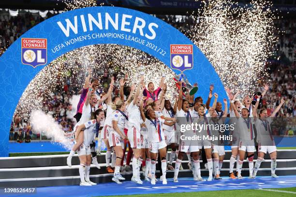 Wendie Renard of Olympique Lyonnais lifts the UEFA Women's Champions League trophy after their sides victory during the UEFA Women's Champions League...