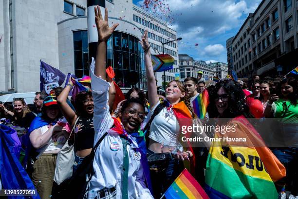 Participants celebrate the annual Pride Parade in the streets of the Belgian capital's city centre on May 21, 2022 in Brussels, Belgium. More than...
