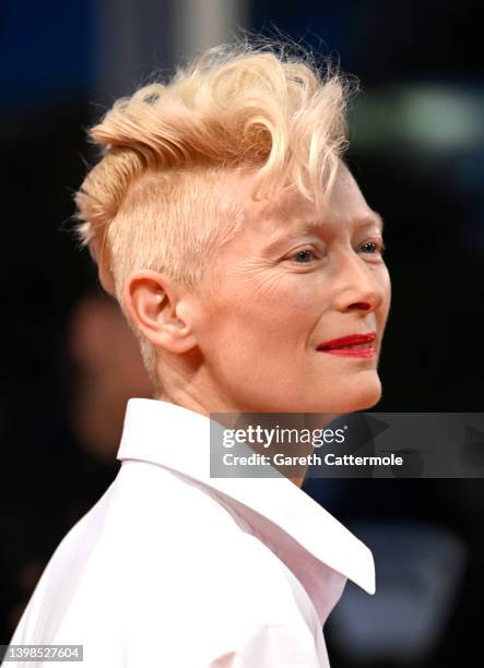 Tilda Swinton attends the screening of "R.M.N" during the 75th annual Cannes film festival at Palais des Festivals on May 21, 2022 in Cannes, France.