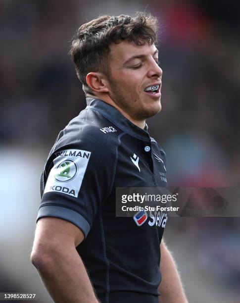 Falcons wing Adam Radwan reacts dejectedly after a Tigers try during the Gallagher Premiership Rugby match between Newcastle Falcons and Leicester...