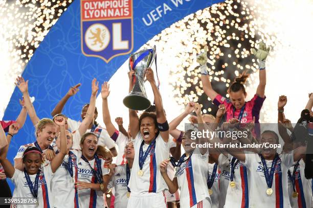 Wendie Renard, Captain of Olympique Lyon lifts the UEFA Women's Champions League Trophy following her team's victory in the UEFA Women's Champions...