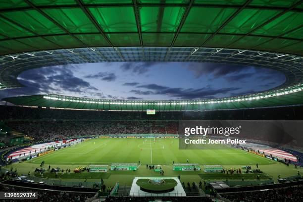 General view inside the stadium during the final match of the DFB Cup 2022 between SC Freiburg and RB Leipzig at Olympiastadion on May 21, 2022 in...