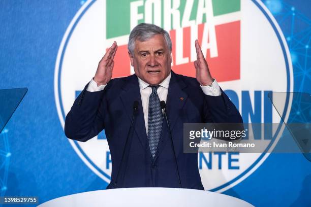Antonio Tajani member of the European parliament during the Forza Italia party convention on May 21, 2022 in Naples, Italy. National convention of...