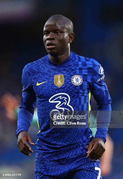 Ngolo Kante of Chelsea in action during the Premier League match between Chelsea and Leicester City at Stamford Bridge on May 19, 2022 in London,...