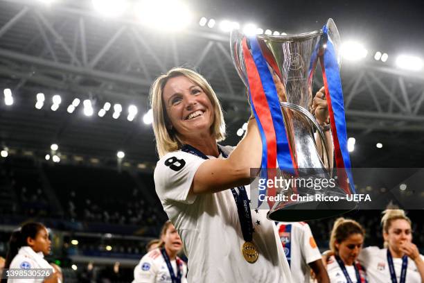 Sonia Bompastor, Head Coach of Olympique Lyonnais celebrates with the UEFA Women's Champions League trophy after their sides victory during the UEFA...