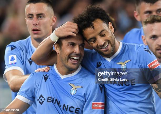 Pedro Rodriguez of SS Lazio celebrates after scoring goal 3-2 during the Serie A match between SS Lazio and Hellas Verona FC at Stadio Olimpico on...