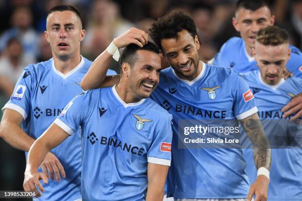 Pedro Rodriguez of SS Lazio celebrates after scoring goal 3-2 during the Serie A match between SS Lazio and Hellas Verona FC at Stadio Olimpico on...