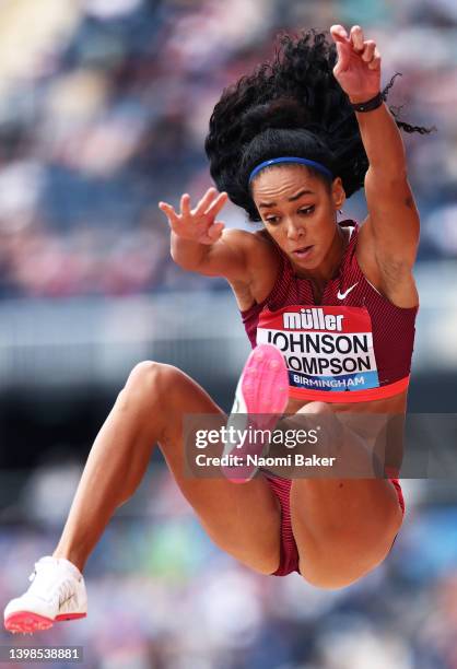 Katarina Johnson-Thompson of Great Britain competes in the Women's Long jump during Muller Birmingham Diamond League, part of the 2022 Diamond League...