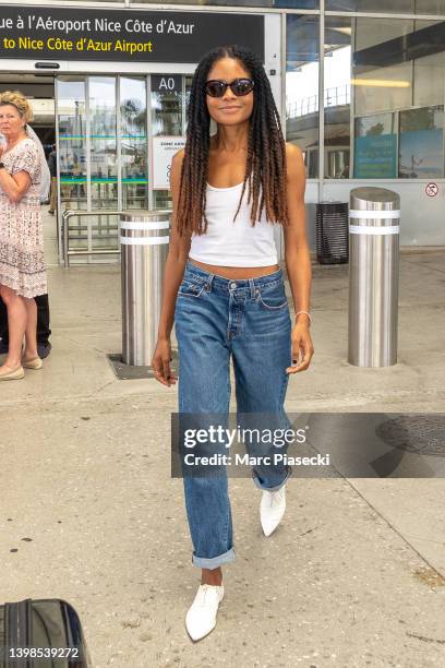 Actress Naomie Harris is seen arriving ahead of the 75th annual Cannes film festival at Nice Airport on May 21, 2022 in Nice, France.