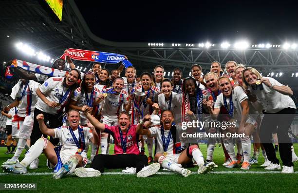 Players of Olympique Lyonnais celebrate with the trophy after winning the UEFA Women's Champions League after the UEFA Women's Champions League final...