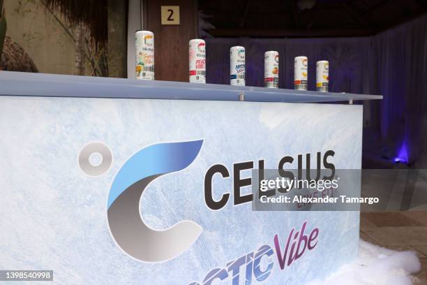 View of Celsius beverages on display at the Swimsuit on Location event hosted by Sports Illustrated Swimsuit at Hard Rock Seminole on May 21, 2022 in...