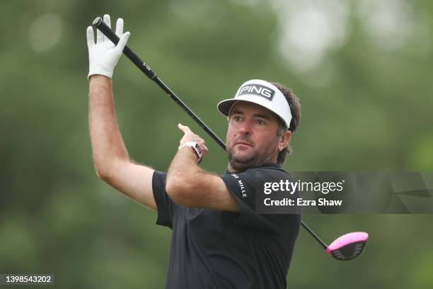 Bubba Watson of the United States reacts to his tee shot plays his shot from the 13th tee during the third round of the 2022 PGA Championship at...