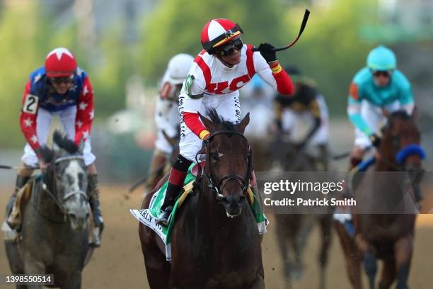 Jockey Jose Ortiz riding Early Voting celebrates after winning the 147th Running of the Preakness Stakes at Pimlico Race Course on May 21, 2022 in...