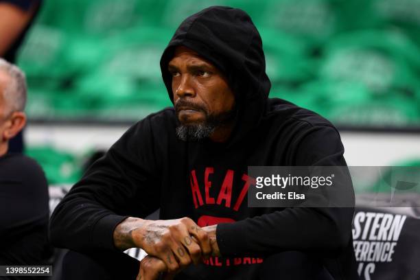Udonis Haslem of the Miami Heat looks on before Game Three of the 2022 NBA Playoffs Eastern Conference Finals against the Boston Celtics at TD Garden...