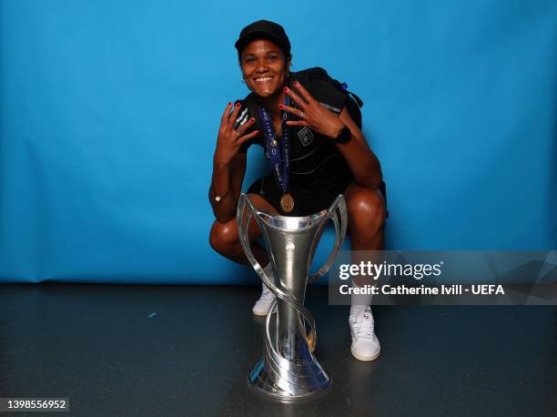 Wendie Renard of Olympique Lyonnais poses with the UEFA Women's Champions League trophy after winning the UEFA Women's Champions League final match...