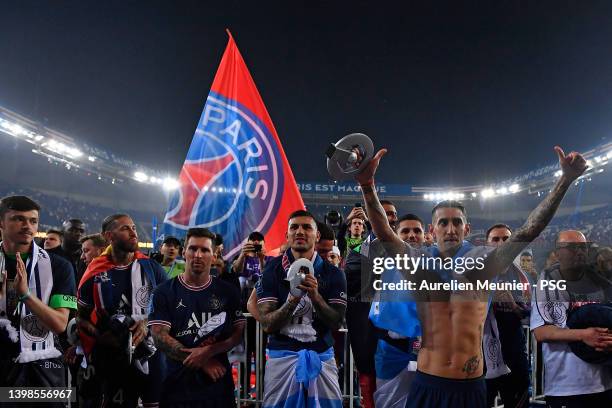 Angel Di Maria of Paris Saint-Germain celebrates the championship title and his last match with PSG with fans after the Ligue 1 Uber Eats match...