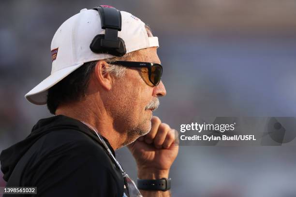 Head coach Jeff Fisher of the Michigan Panthers looks on from the sideline in the first quarter of the game against the Birmingham Stallions at...