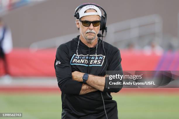 Head coach Jeff Fisher of the Michigan Panthers looks on from the sideline in the first quarter of the game against the Birmingham Stallions at...