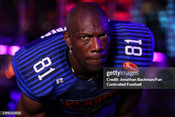 Terrell Owens of the Knights of Degen looks on during the second half against the Kingpins during Fan Controlled Football Season v2.0 - Week Six on...