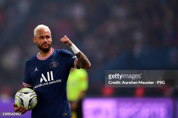 Neymar Jr of Paris Saint-Germain reacts during the Ligue 1 Uber Eats match between Paris Saint Germain and FC Metz at Parc des Princes on May 21,...