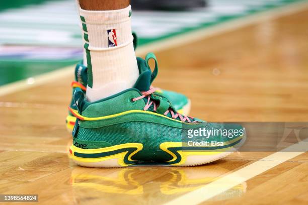 Detail view of the Nike Air Jordan XXXVI sneakers worn by Jayson Tatum of the Boston Celtics inGame Three of the 2022 NBA Playoffs Eastern Conference...