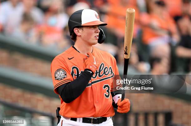 Adley Rutschman of the Baltimore Orioles gets ready for his first at bat of his Major League debut in the second inning against the Tampa Bay Rays at...