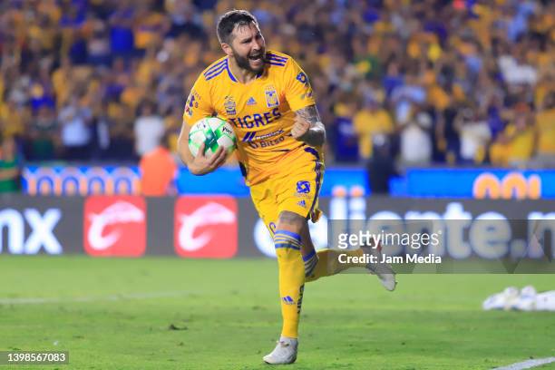 Andre-pierre Gignac of Tigres celebrates after scoring his team's first goal during the semifinal second leg match between Tigres UANL and Atlas as...