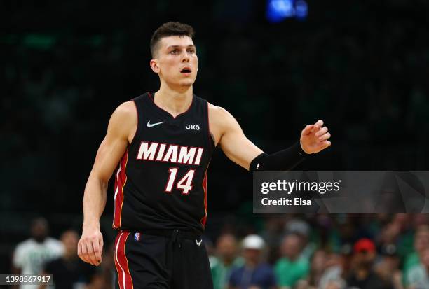 Tyler Herro of the Miami Heat reacts in the third quarter against the Boston Celtics in Game Three of the 2022 NBA Playoffs Eastern Conference Finals...